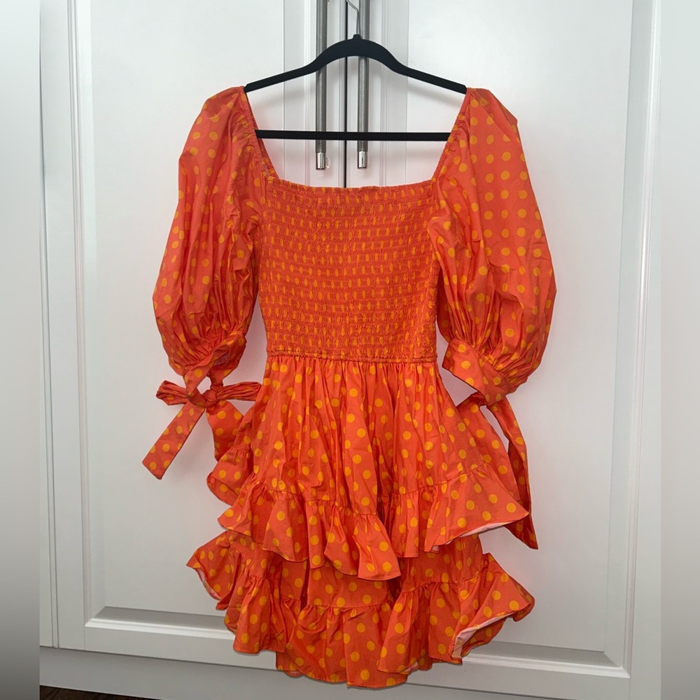 Caroline Constas orange and yellow polkadot dress
